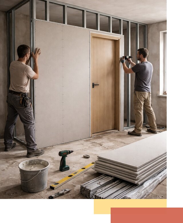 Перегородка из гипсокартона с дверью под ключ в Киселевске