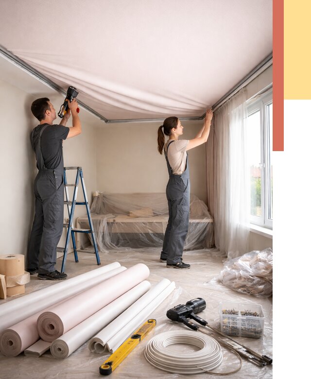 Монтаж цветного натяжного потолка в Киселевске от 4318 руб/м² — быстро и недорого | ОТДЕЛОЧНИК-Кис