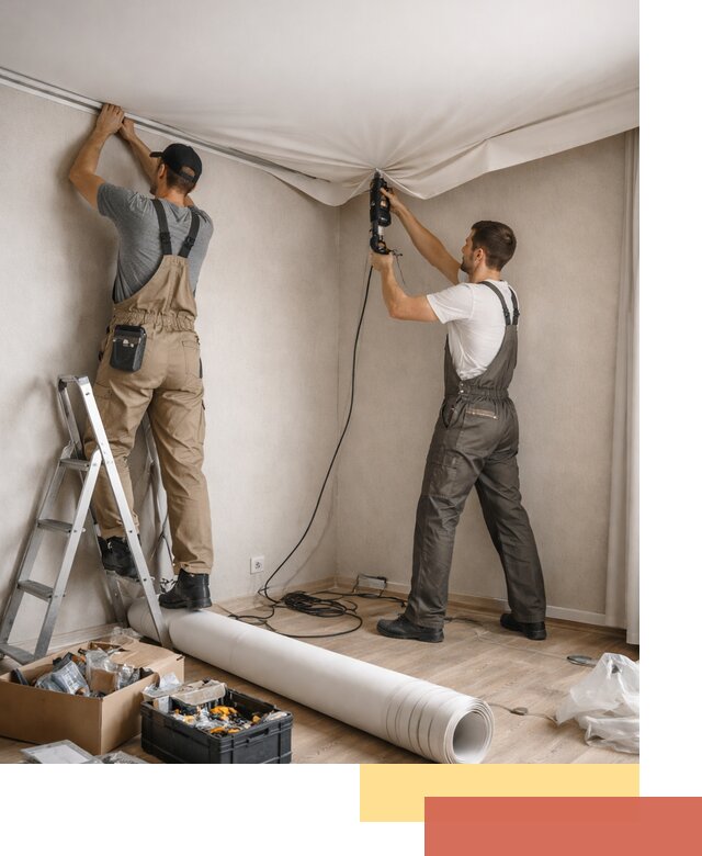 Монтаж цветного натяжного потолка в Киселевске за один день