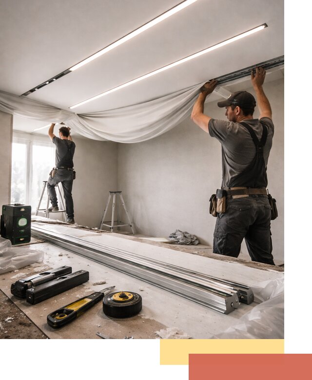 Монтаж натяжных потолков со световыми линиями в Киселевске