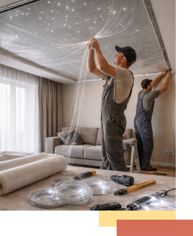 Монтаж натяжного потолка «Звездное небо» в Киселевске