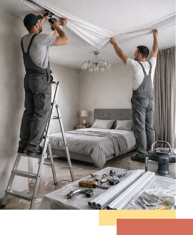 Монтаж натяжного потолка в спальне в Киселевске