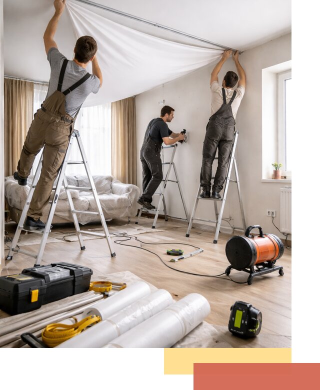 Монтаж натяжного потолка в гостиной в Киселевске