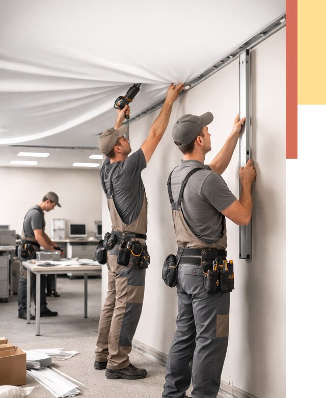 Монтаж натяжного потолка в офисе в Киселевске от 463 руб/м² — быстро и недорого | ОТДЕЛОЧНИК-Кис