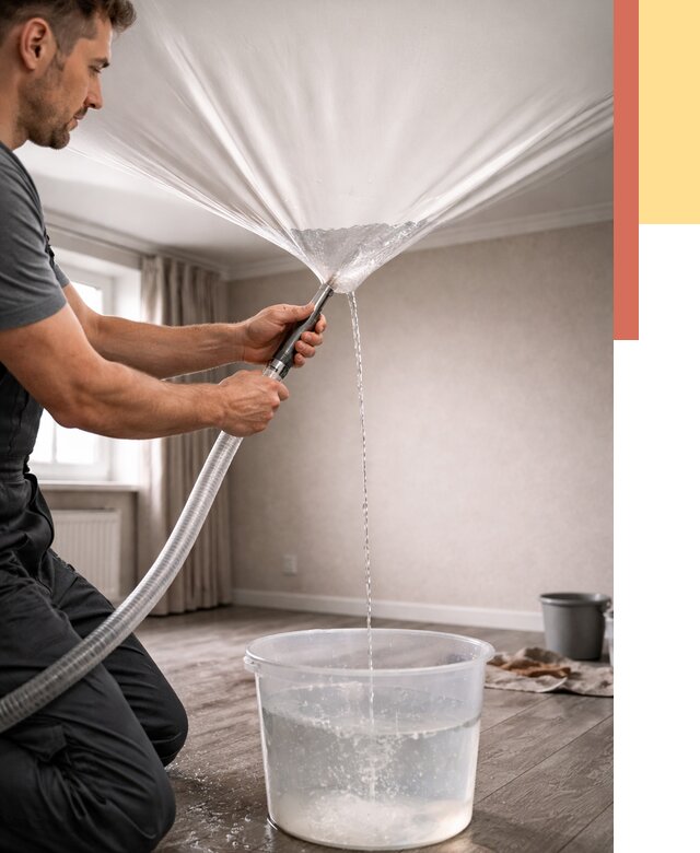 Слив воды с натяжного потолка в Киселевске от 2570 руб. быстро и недорого | ОТДЕЛОЧНИК-Кис