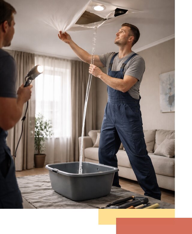 Слив воды с натяжного потолка в Киселевске быстро и аккуратно