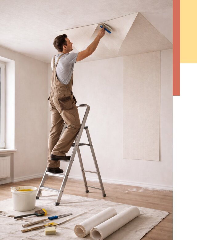 Поклейка обоев на потолок в Киселевске от 4626 руб. быстро и недорого | ОТДЕЛОЧНИК-Кис